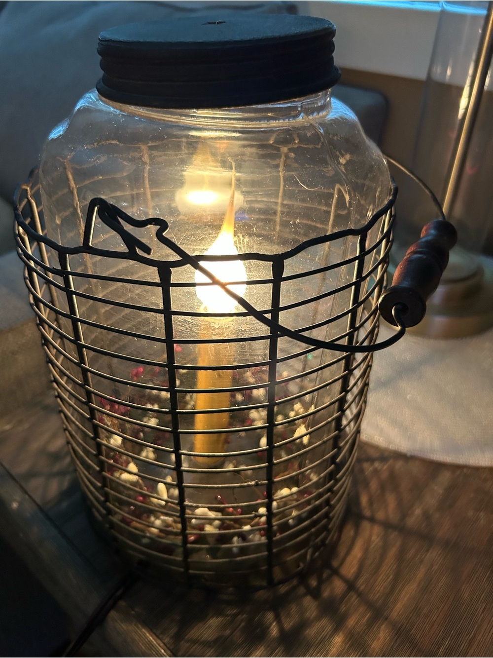 Country Primitive glass and metal caged candle lantern with handle and with pip